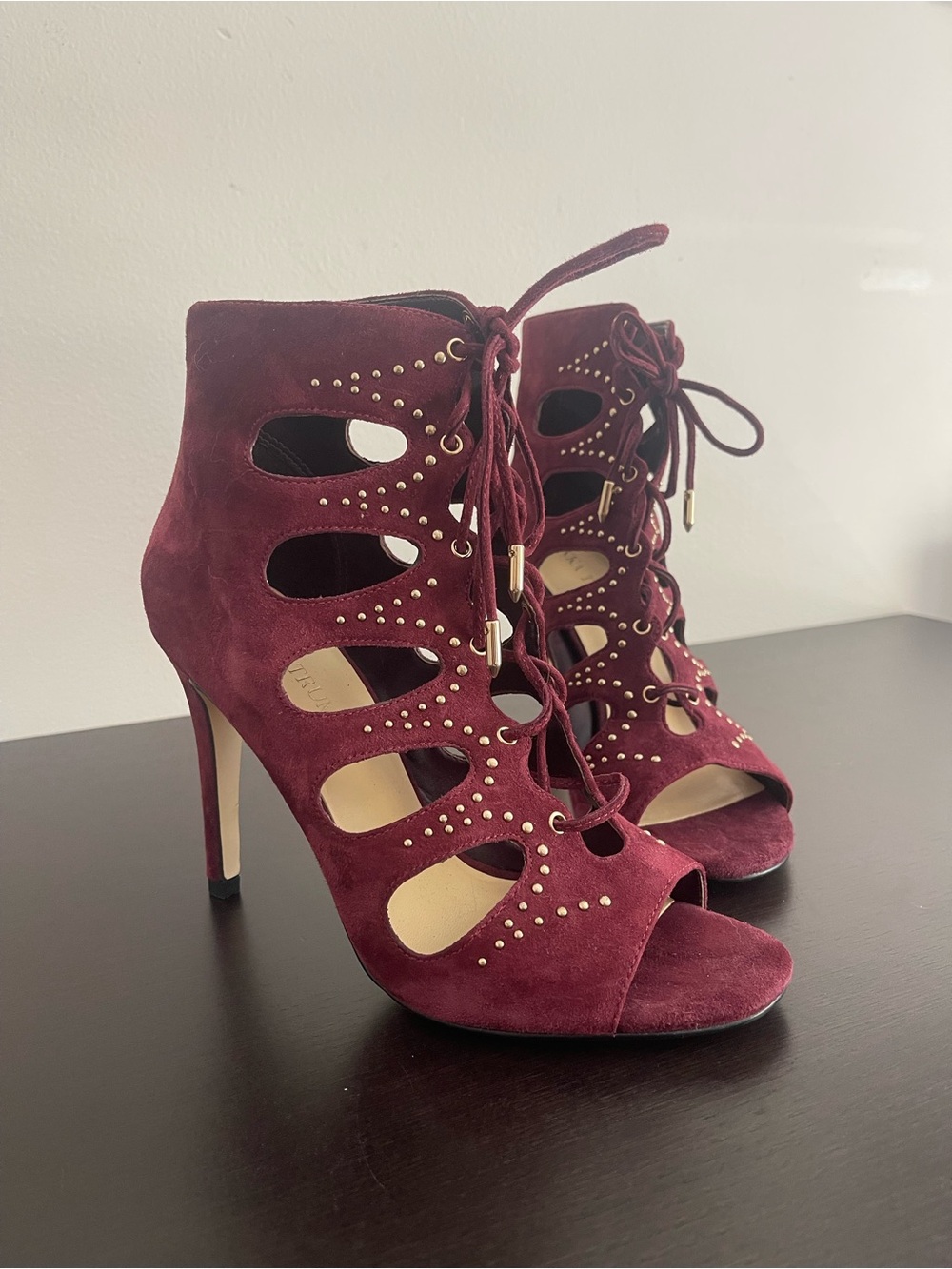 Burgundy Suede Leather Lace-Up Caged Gold Studded Cutout Heels - Picture 2 of 6